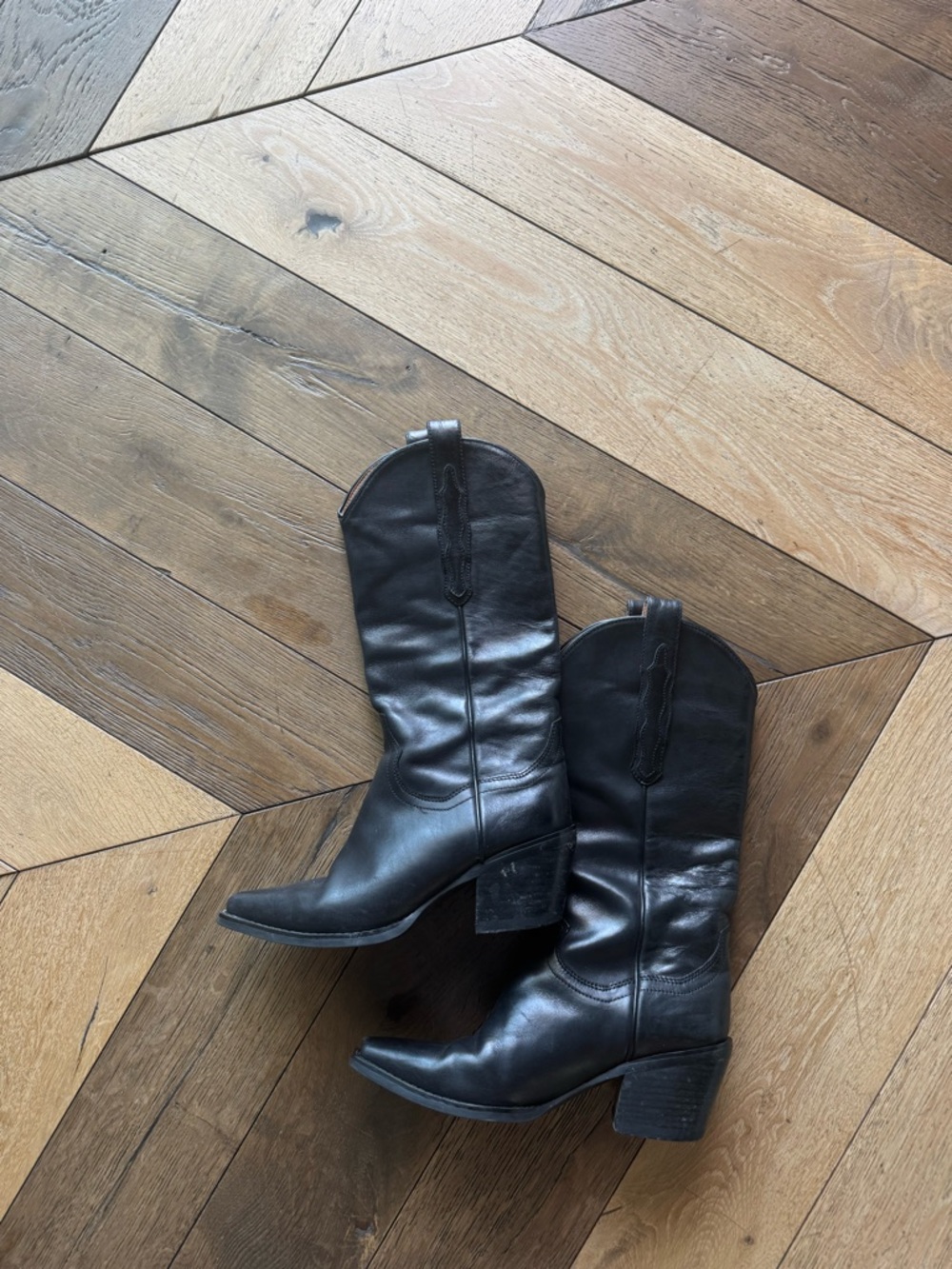 Jeffrey Campbell Black Leather Western Mid-Calf Heeled Boots